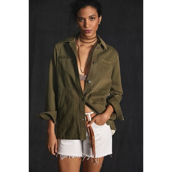 Anthropologie Crochet-Back Denim Utility Jacket Military Dark Green S - Picture 2 of 7